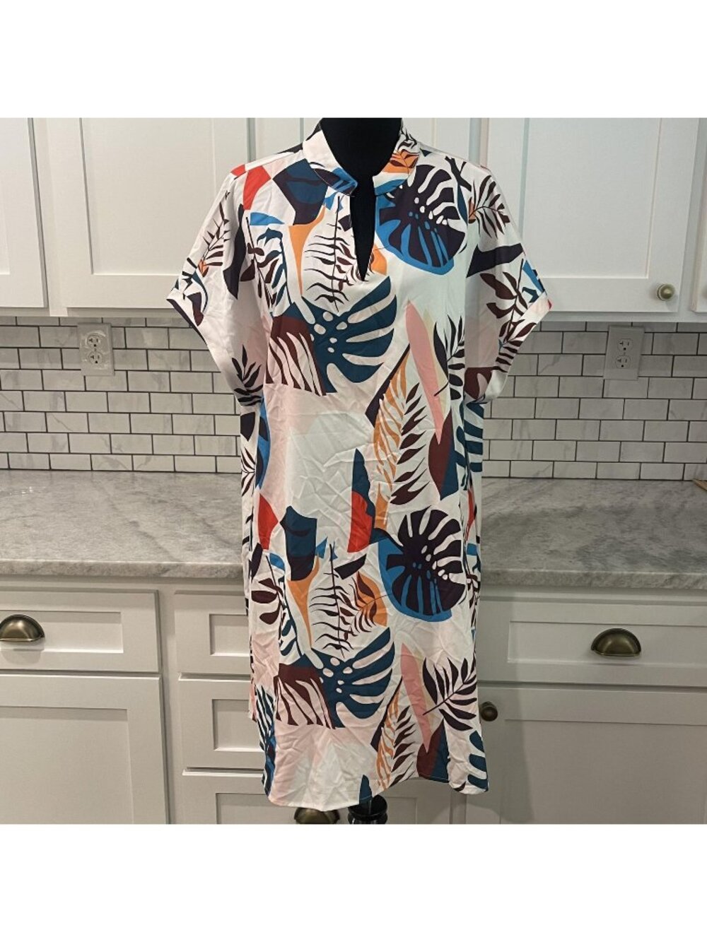 SHEIN CURVE Dress Womens 2XL Multicolor Tropical Leaf Kaftan Shift Boho Beach